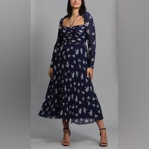 Self-Portrait Navy Floral Long-Sleeve Pleated Midi Dress